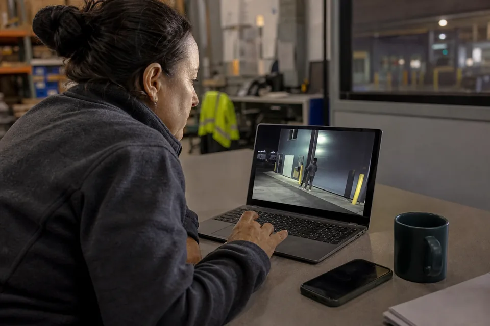 Facilities manager reviewing a person alert still on a laptop in a warehouse office