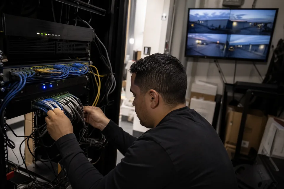 Network video recorder and PoE switch in a server closet with a camera grid on the wall monitor