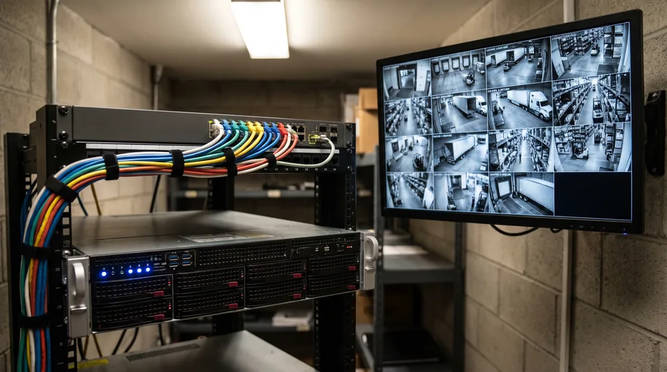 Rack mounted video management server with a monitor showing a camera grid of a warehouse loading dock