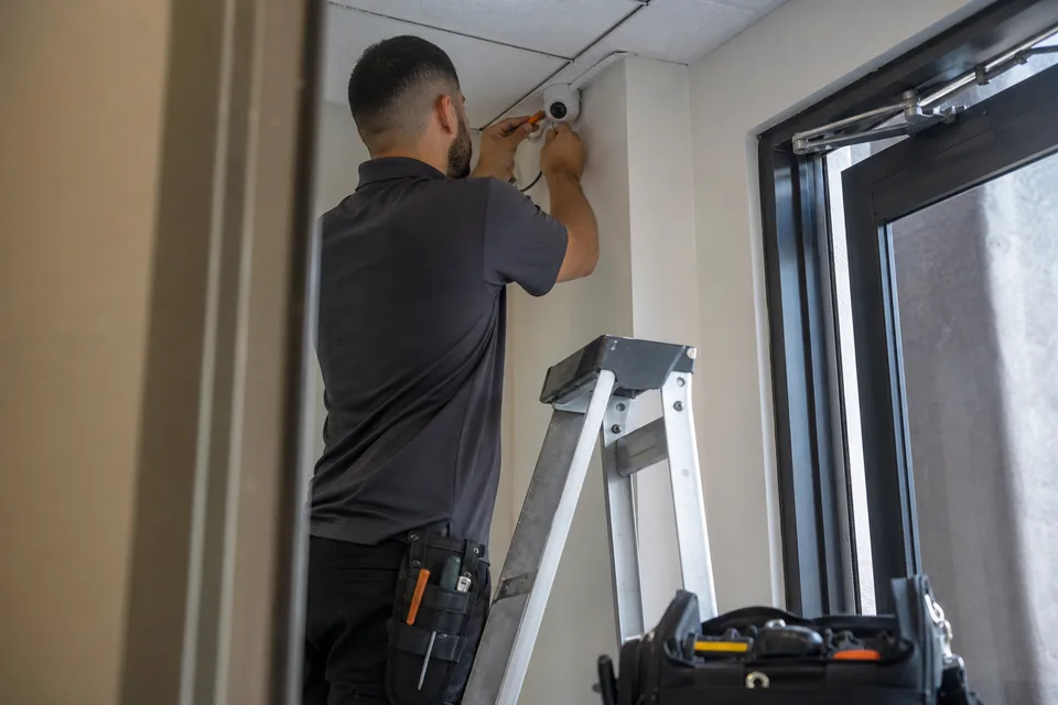 Dome security camera above an exit door with a step ladder and tool bag below