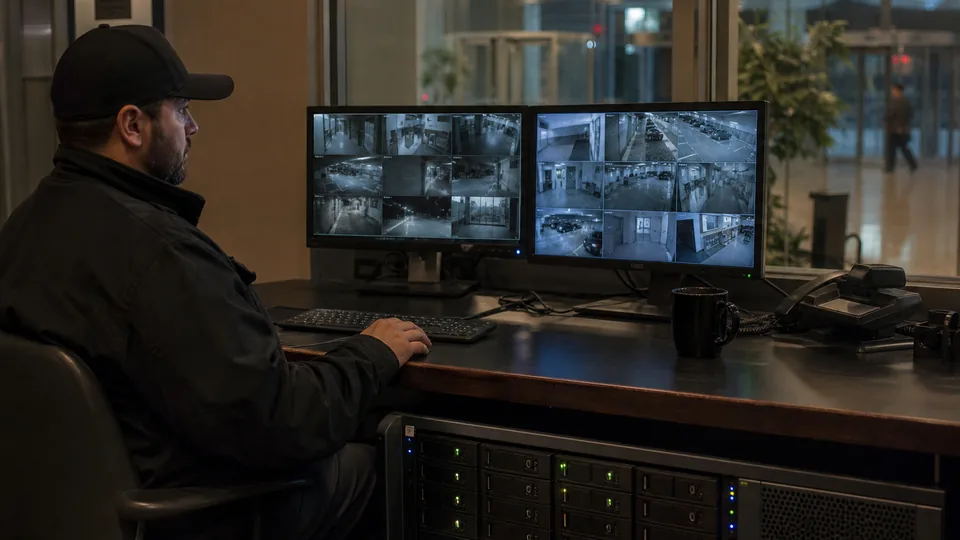 Security operator desk with a video wall of parking lot and lobby cameras next to a tower recording server