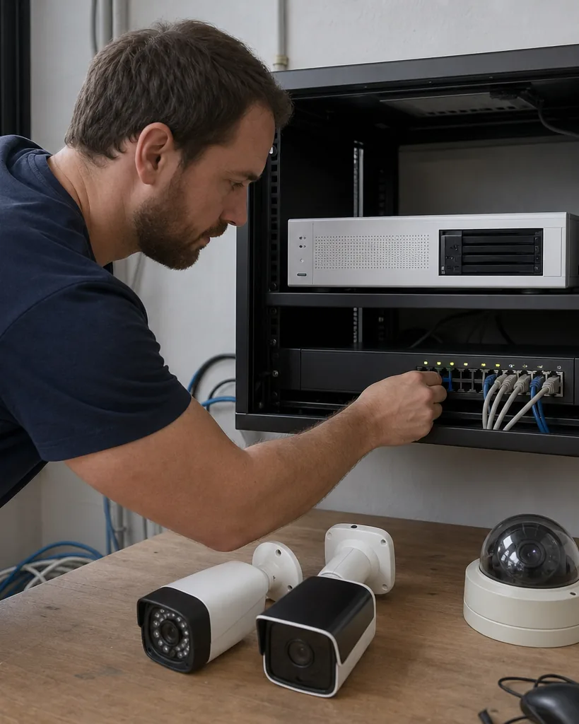 Network video recorder on a rack shelf with a PoE switch and three security cameras of different brands on the bench